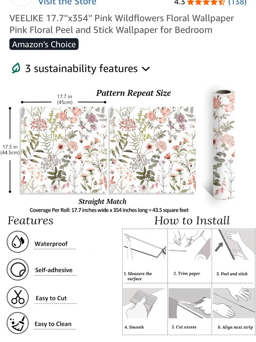 Pink Wildflowers Peel and Stick Wallpaper - TWO FULL ROLLS UNOPENED